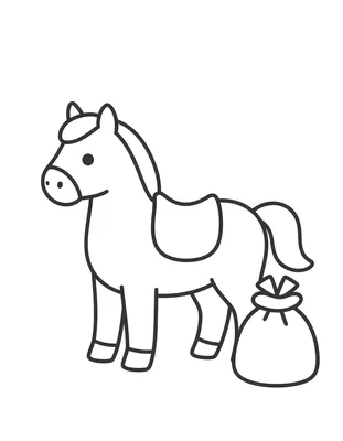 Kleurplaat van een vriendelijk paard met een versierd zadel dat naast een zak met cadeautjes staat.