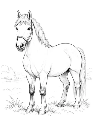 Kleurplaat van een rustig staand paard met een halster en een warme deken, met op de achtergrond een landschap met struiken en graspollen.