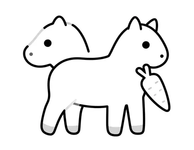 Kleurplaat van een paard met dikke lijnen dat een wortel opeet, met een hand die de wortel vasthoudt.