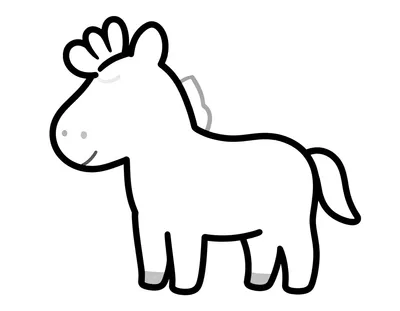 Kleurplaat van een paard dat een wortel eet uit de hand van een kind, met dikke lijnen en grote vlakken.