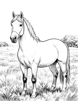 Kleurplaat van een paard met halster dat in een grasland met bloemen en bomen staat