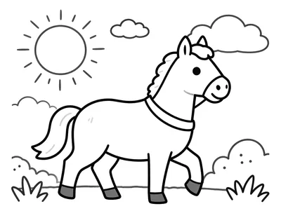 Kleurplaat van een vriendelijk paard met een ruiter in een warme cape, omringd door kinderen met lantaarns onder een zon en wolken.