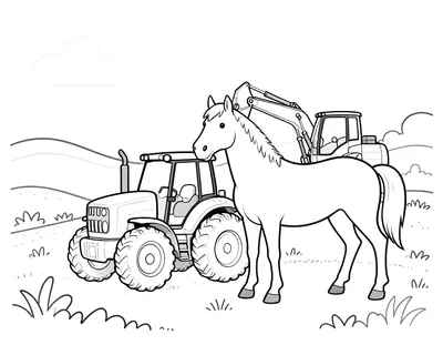 Kleurplaat van een paard dat op een veld staat naast een tractor en een graafmachine.