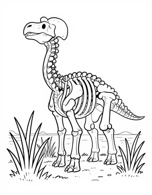 Kleurplaat van een rechtopstaand skelet van een Parasaurolophus met een gebogen kam op de kop, staand tussen hoog riet aan de rand van een rustig meer.