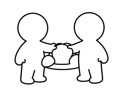Kleurplaat met twee eenvoudige figuren die samen bij een berg pepernoten en een chocoladeletter op tafel staan.