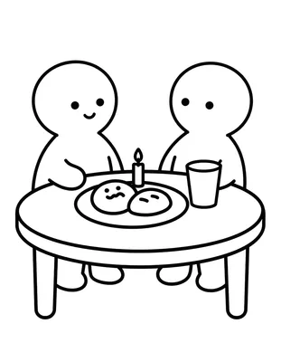 Kleurplaat met twee figuren aan een ronde tafel, met een bord pepernoten, een brandende kaars en een beker melk.