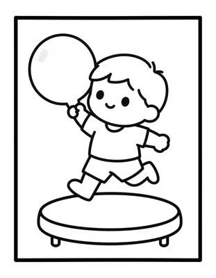 Kleurplaat van een peuter die op een kleine trampoline springt en een zachte bal in de lucht houdt.