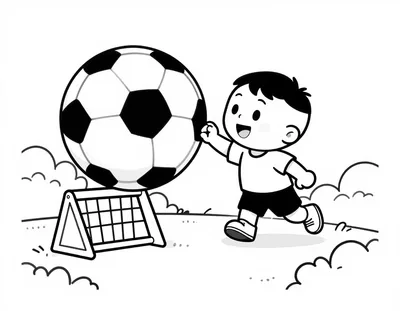 Kleurplaat van een peuter die op een zonnig speelplein een grote voetbal naar een klein goal trapt.