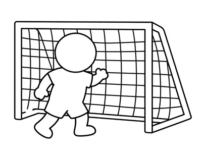 Kleurplaat van een peuter in een shirt met een brede verticale band die een voetbal trapt naast een simpel goalnet op het veld.