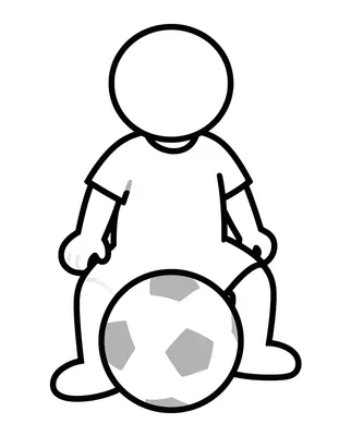 Kleurplaat van een peuter in een voetbalshirt met een brede verticale band, zittend naast een grote bal op een simpel veld.