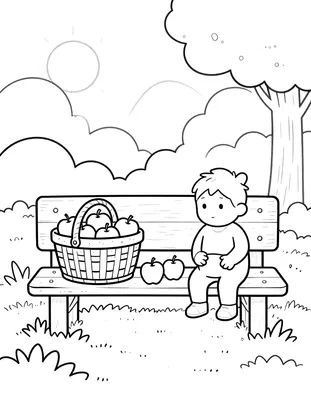 Kleurplaat van een picknickmand vol appels en een thermoskan op een houten bankje in het bos, met een kind ernaast en de zon boven de bomen.