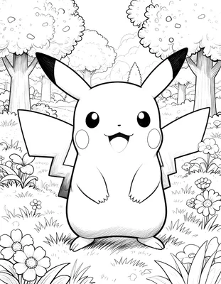 Kleurplaat van Pikachu die blij in een grasveld staat met bloemen en bomen om hem heen.