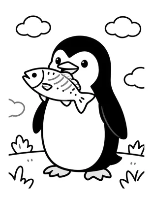 Kleurplaat van een pinguïn die een vis in zijn snavel vasthoudt, met wolken en graspollen op de achtergrond.