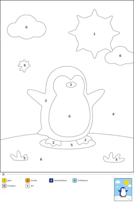 Kleurplaat van een pinguïn die met gespreide vleugels van een besneeuwde heuvel rolt, met sneeuwvlokken, zon en wolken eromheen.