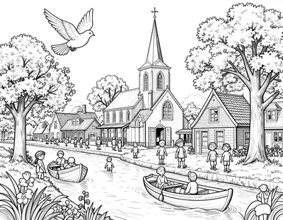 Kleurplaat van een Nederlands dorp op pinksterochtend met een kerk met open deuren, een duif boven bloeiende bomen en mensen in bootjes op de gracht
