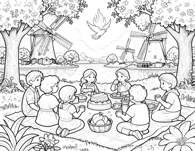 Kleurplaat van een pinksterpicknick met families op dekens in een bloeiende boomgaard, een duif met vlammen erboven en molens aan het water.