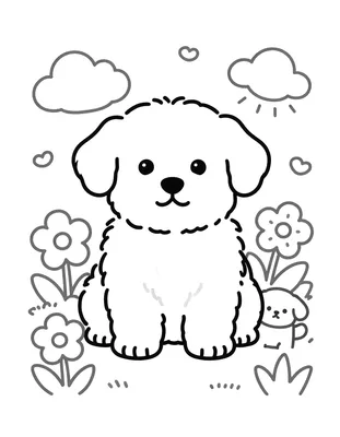 Kleurplaat van een grote pluizige puppy die tussen bloemen zit, met kleine puppy's en wolkjes op de achtergrond.