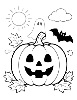 Kleurplaat van een lachende pompoen met een vriendelijk spookje, een vleermuis en vallende herfstbladeren