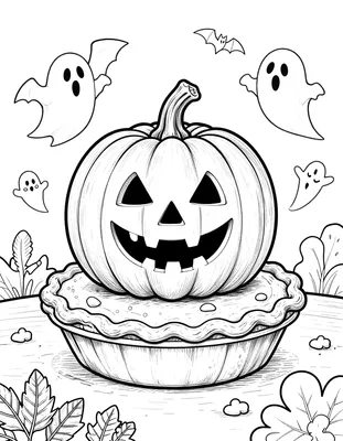 Kleurplaat van een lachende pompoentaart met een jack-o-lantern gezicht op tafel, met kleine spoken en vleermuizen in een Halloween nachtscene.