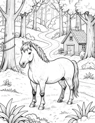 Kleurplaat van een pony op een kronkelend bospad met een klein huisje tussen de bomen