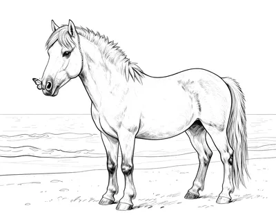 Kleurplaat van een pony die op het strand staat met een vlinder op zijn neus, met zeegolven en zand op de achtergrond.