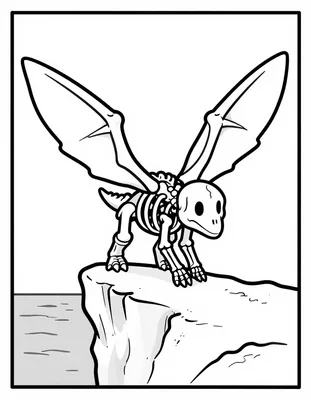 Kleurplaat van een pterodactylus skelet met gespreide vleugelbotten dat op de rand van een klif boven een rustige zee staat.