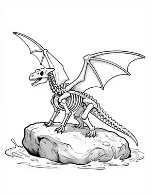Kleurplaat van een pterosaurus skelet met gespreide vleugels dat op een rots bij een waterval staat.