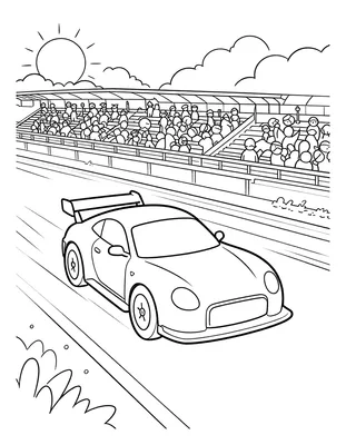 Kleurplaat van een raceauto die over het rechte stuk scheurt, met op de achtergrond tribunes vol publiek en een zon boven de wolken.