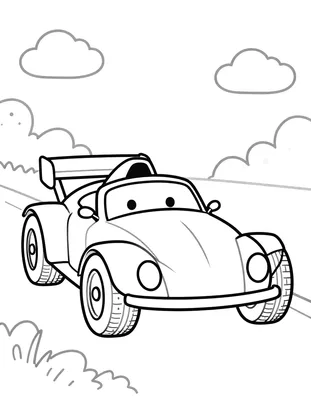 Kleurplaat van een raceauto met een grote achtervleugel en brede banden die op het asfalt rijdt, met wolken en struiken op de achtergrond.