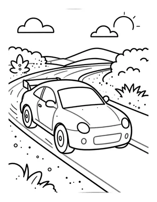 Kleurplaat van een raceauto die met een brede spoiler een haarspeldbocht neemt, met grind en struiken langs de baan.