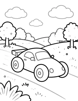 Kleurplaat van een raceauto met grote achterspoiler die over een heuvelachtige weg rijdt, met bomen en publiek op de achtergrond.