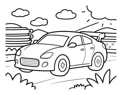 Kleurplaat van een raceauto die door een keuken rijdt en bijna tegen een stapel pannen botst.