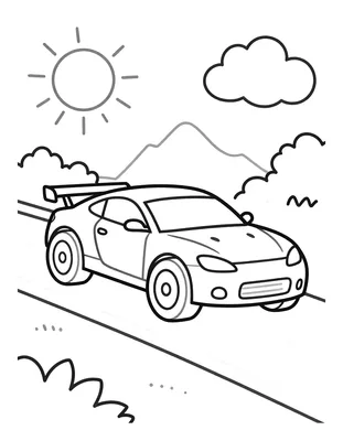 Kleurplaat van een raceauto met grote achtervleugel op een weg, met zon, wolken, struiken en bergen op de achtergrond.