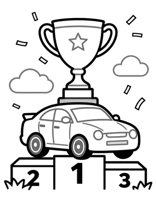 Kleurplaat van een raceauto op het hoogste podium met een grote beker en confetti eromheen.