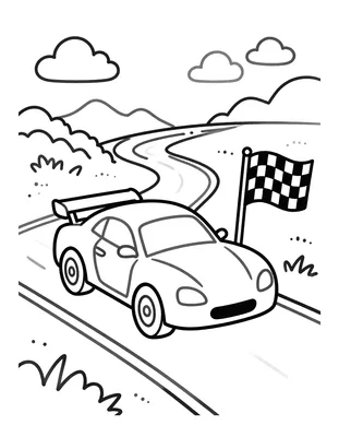 Kleurplaat van een raceauto die een scherpe bocht neemt op een kronkelige weg, met een geblokte vlag langs de kant en bergen op de achtergrond.