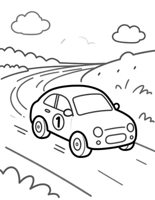 Kleurplaat van een raceauto met startnummer 1 die met regenspetters over een nat circuit rijdt, met op de achtergrond heuvels en wolken.