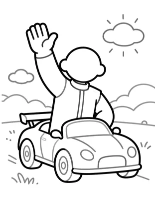 Kleurplaat van een racecoureur die met opgeheven arm zijn overwinning viert naast een raceauto.