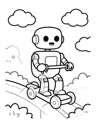 Kleurplaat van een vrolijke robot die op een achtbaanwagon rijdt en een kanon vasthoudt, met wolken en struiken op de achtergrond.