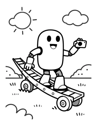 Kleurplaat van een vrolijke robot die op een skateboard staat en met een camera in zijn hand zwaait, met zon en wolken op de achtergrond.