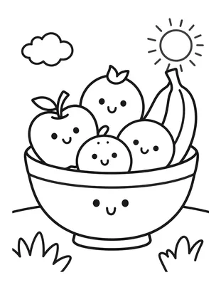 Kleurplaat van een lachende schaal vol fruit met een appel, banaan, druiven en een sinaasappel, met zon en wolk op de achtergrond