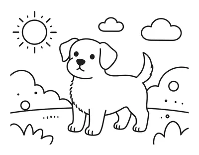 Kleurplaat van een grote, glimlachende hond met vier kleine, vrolijke puppy's eromheen.