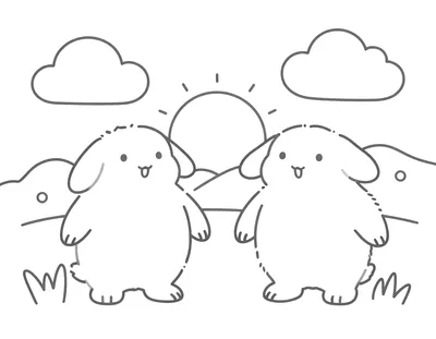 Een eenvoudige lijntekening van een verdrietig konijn dat rechtop zit met de voorpootjes voor de borst gevouwen, met lange oren, een roze neusje en zwarte oogjes en snorharen, op een effen witte achtergrond.