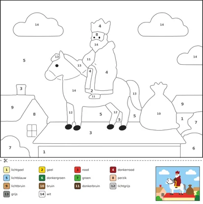 Kleurplaat van Sinterklaas op een dak met zijn paard en een zak vol cadeautjes, in te kleuren met nummers.