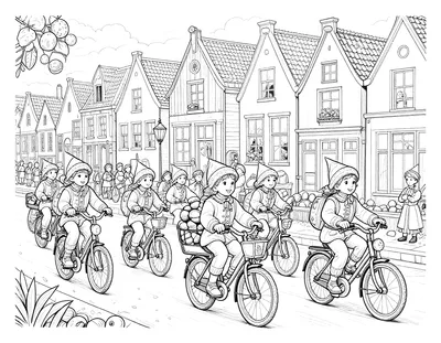 Kleurplaat van een Sinterklaasoptocht met kinderen op versierde fietsen langs een gracht met oude Nederlandse huizen en pepernoten.