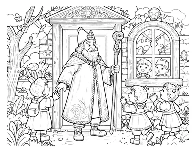 Kleurplaat van Sinterklaas met staf die op een deur klopt, terwijl kinderen uit het raam en op straat toekijken.