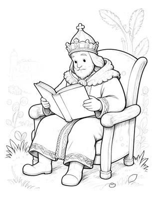 Kleurplaat van Sinterklaas die in een comfortabele stoel een groot open boek leest, met fijne lijnen en veel details.