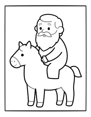 Kleurplaat van Sinterklaas met lange witte baard die op een paard zit met dikke lijnen en grote vormen