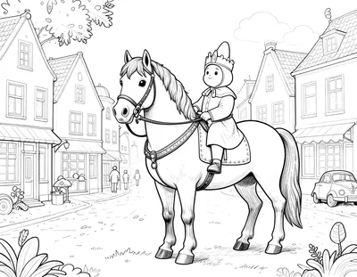 Kleurplaat van Sinterklaas die op een rustig staand paard de teugels vasthoudt in een Nederlandse straat met huizen en een auto.