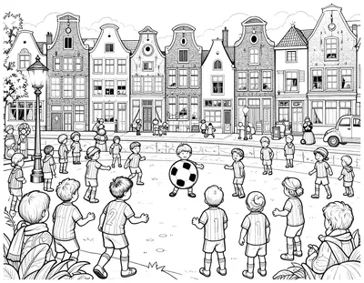 Kleurplaat van een Sinterklaasavond op een Nederlands plein waar kinderen in gestreepte voetbalshirts met een bal spelen, met lantaarns en grachtenpanden op de achtergrond.