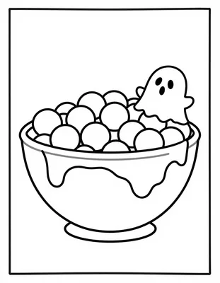 Kleurplaat van een kom vol ronde snoepjes met een klein spookje ernaast op tafel.